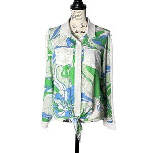 A.Z.I. Womens Top Long Sleeve Button Up Green Blue Floral Print Artsy NWT Size M